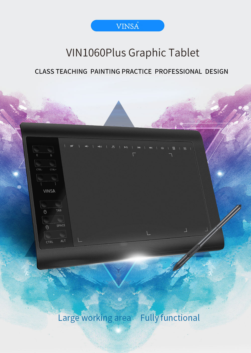 VIN1060PLUS 10x6 inch Digital Drawing Tablet 8192 Pressure Sensitivity Tablet Battery-Free Pen Hand Painted Tablet