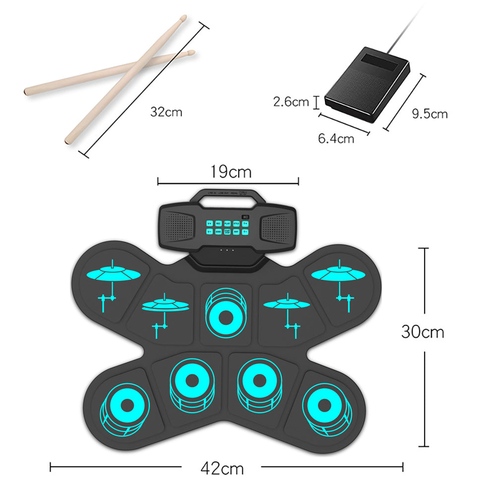 WGS505 Electronic Roll Up Drum Kit Silicone Portable Electric Hand Roll Drum Kit 9 Pad with Drumsticks Foot Pedals