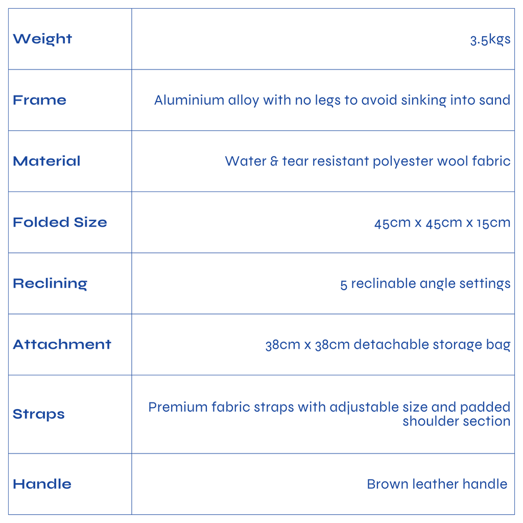 salty seats product specification table