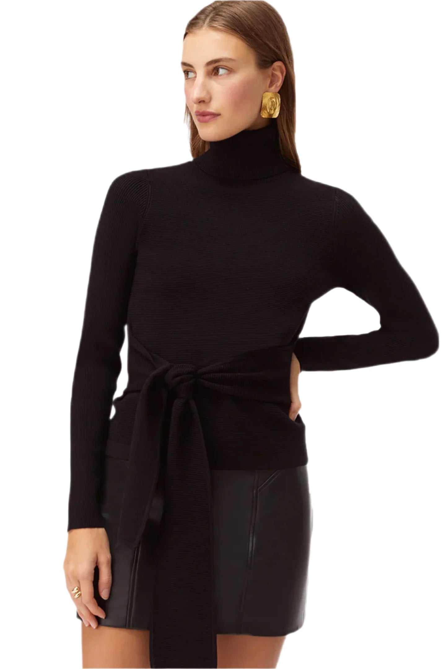 Brielle Long Sleeve Tie-Front Turtleneck in Jet