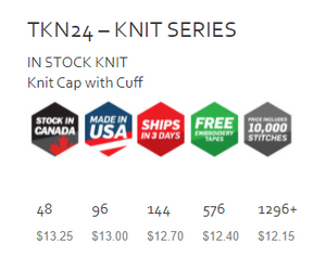 TKN24 - Cap America Tompkin knit cuff toque $13.00 ( price includes  up to 10,000 stitch embroidered logo) minimum 48