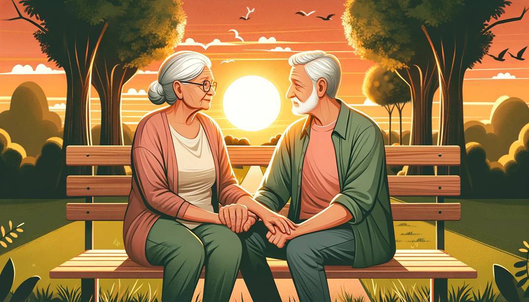 Idős pár együtt ül a padon egy nap lemente alatt