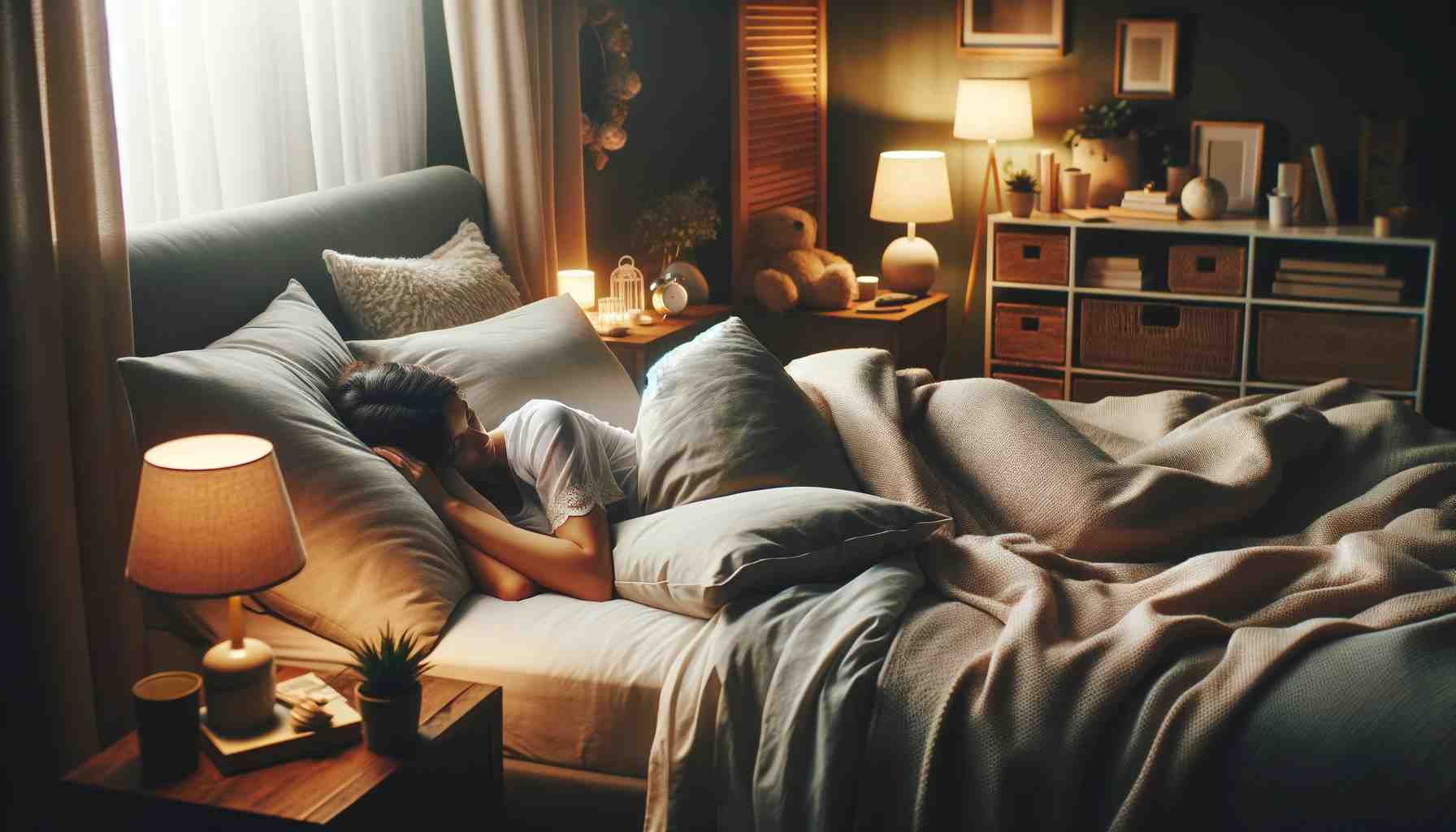 Békés jelenet egy személyről, aki kényelmesen alszik egy hangulatos, jól berendezett hálószobában. A szobát lágy, meleg fény tölti be, és az ágyon lágy, meleg fény van.