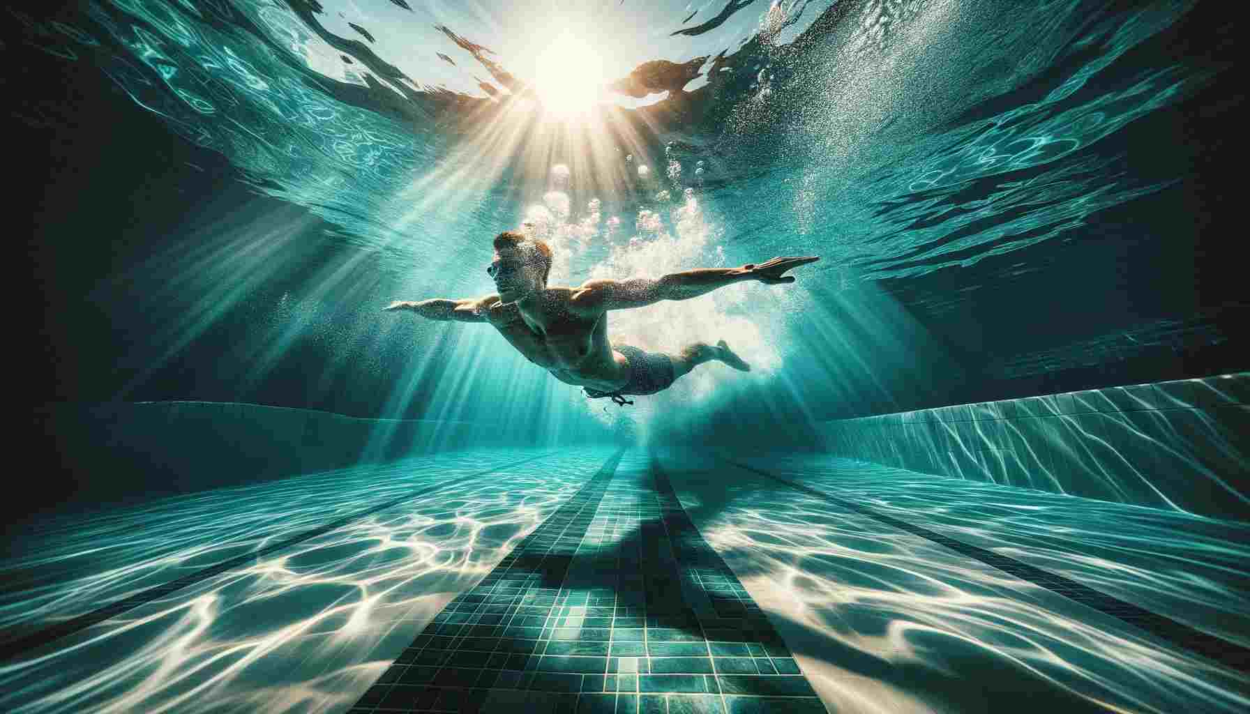 Dinamikus víz alatti jelenet, amely egy embert mutat, aki kecsesen úszik egy tiszta, türkizkék medencében. A napfény átszűrődik a vízen, mintákat hozva létre...