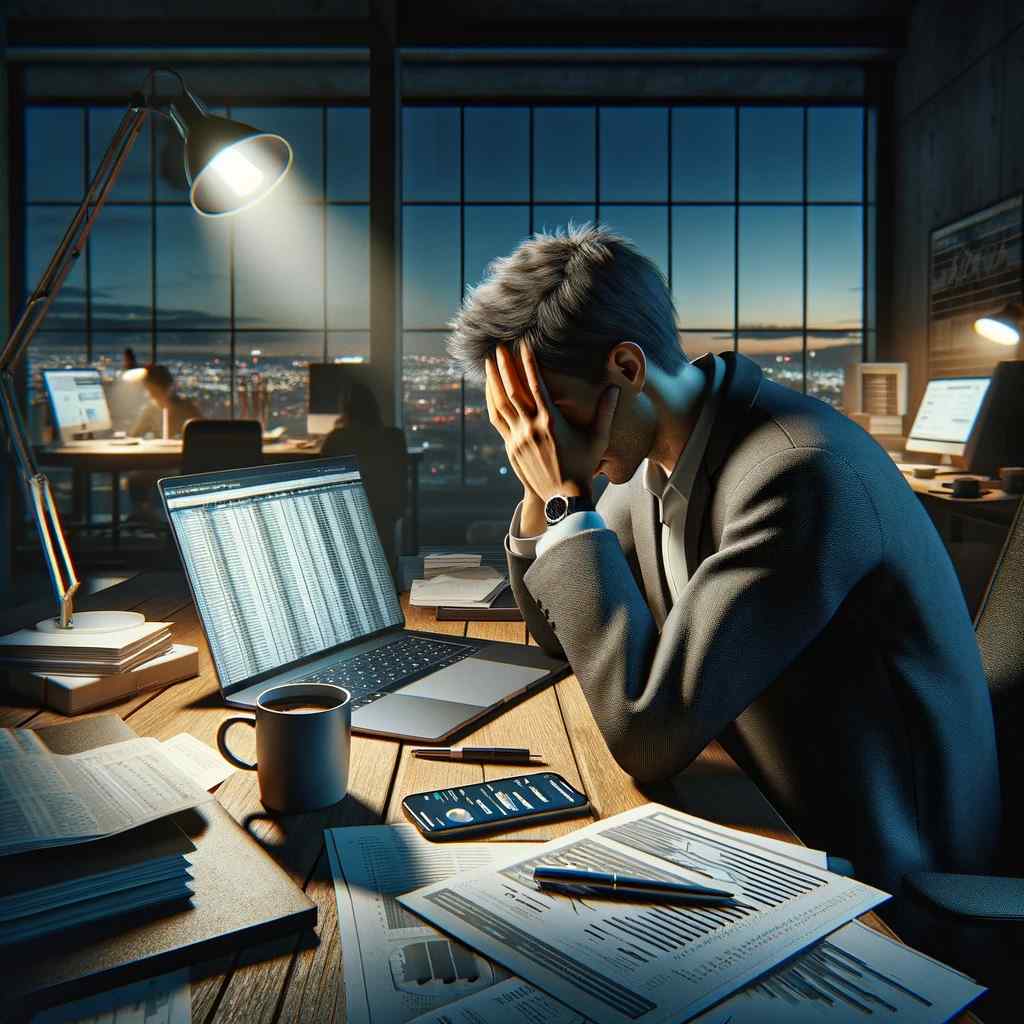 Egy hiperrealisztikus kép egy stresszes emberről, aki egy irodai íróasztalnál ül. A személy a fejét a kezében tartja, és láthatóan a stressz jelei mutatkoznak rajta.