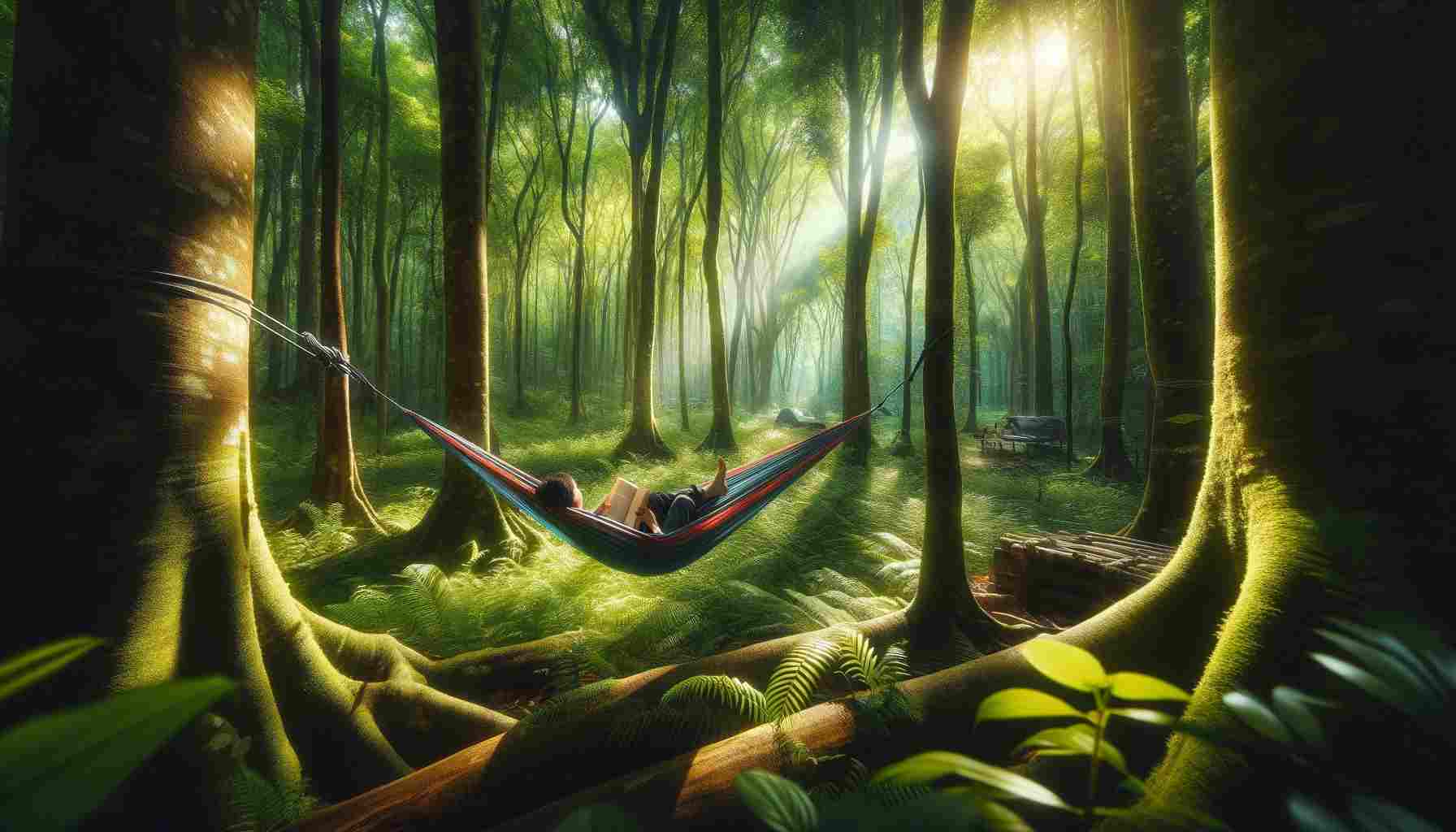 Egy nyugodt és realisztikus jelenet egy személyről, aki egy függőágyban pihen két fa közé kötve egy buja erdőben. Az erdő sűrű, különböző árnyalatokkal