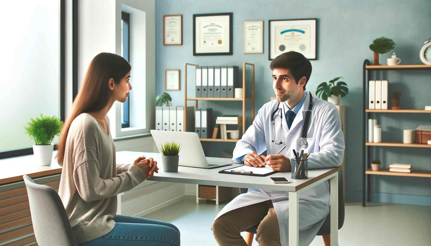 Egy professzionális és empatikus jelenet, amelyben egy személy egy orvossal konzultál egy világos, modern orvosi rendelőben. Az orvos, fehér köpenyt visel, és egy st