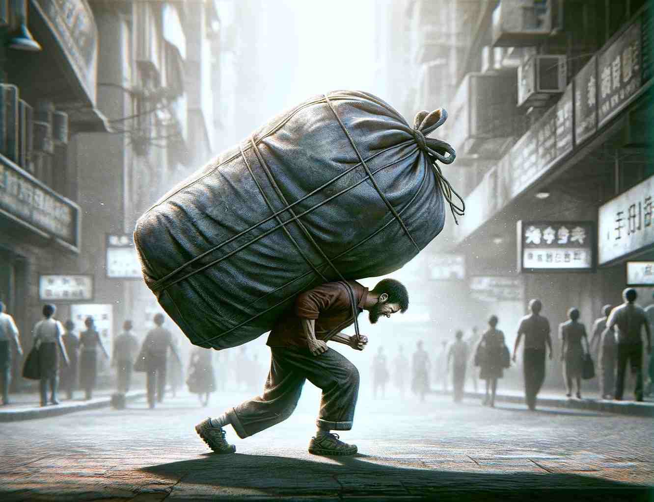 Egy realisztikus szélesvásznú kép egy személyről, aki egy nagyon nehéz táska cipelésével küzd. A jelenetnek városi környezetben kell játszódnia, esetleg egy buszon.