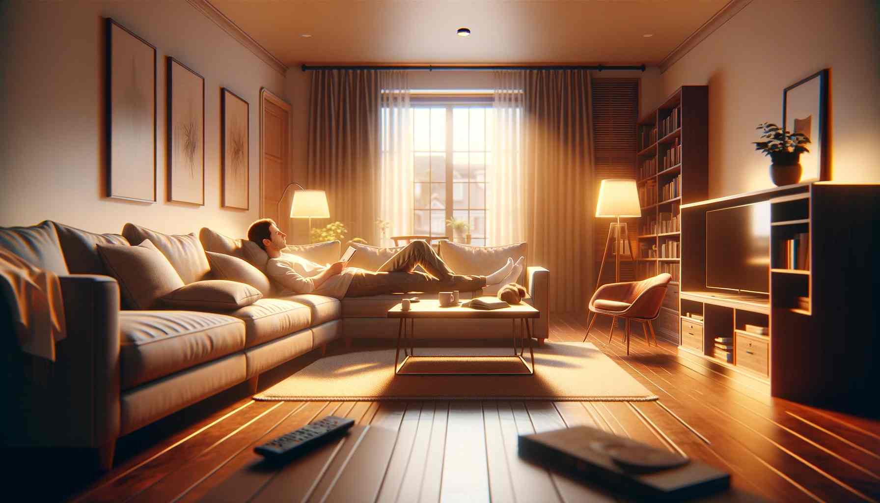 Egy szobai kanapén pihenő személy valósághű képe, szélesvásznú képarányban. A képnek egy nyugodt és kényelmes