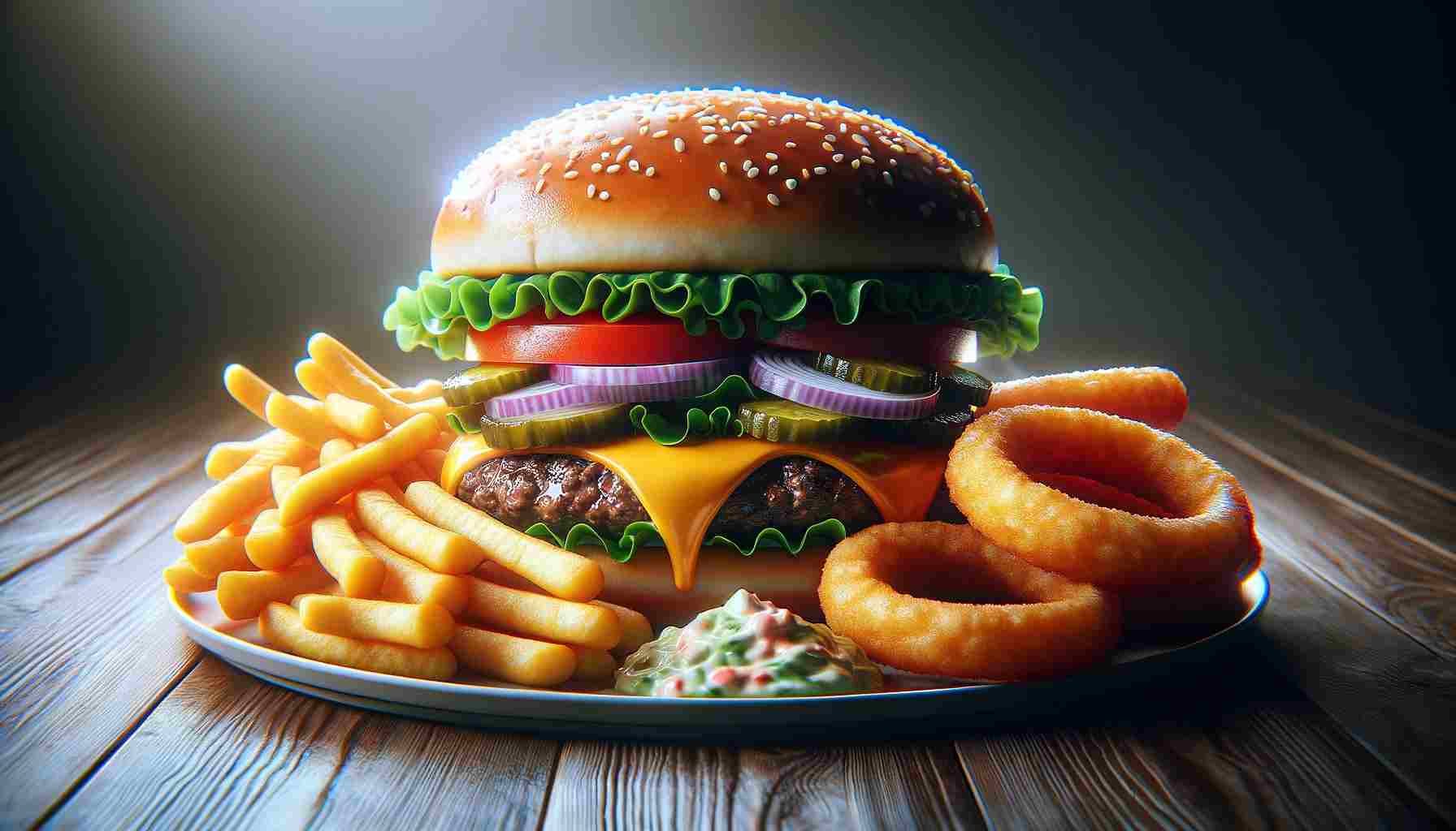 Hiperrealisztikus kép egy teli tányér gyorsétteremről. A tányér egy nagy, szaftos sajtburgert tartalmaz salátával, paradicsommal, hagymával és savanyúsággal, valamint egy köretet.