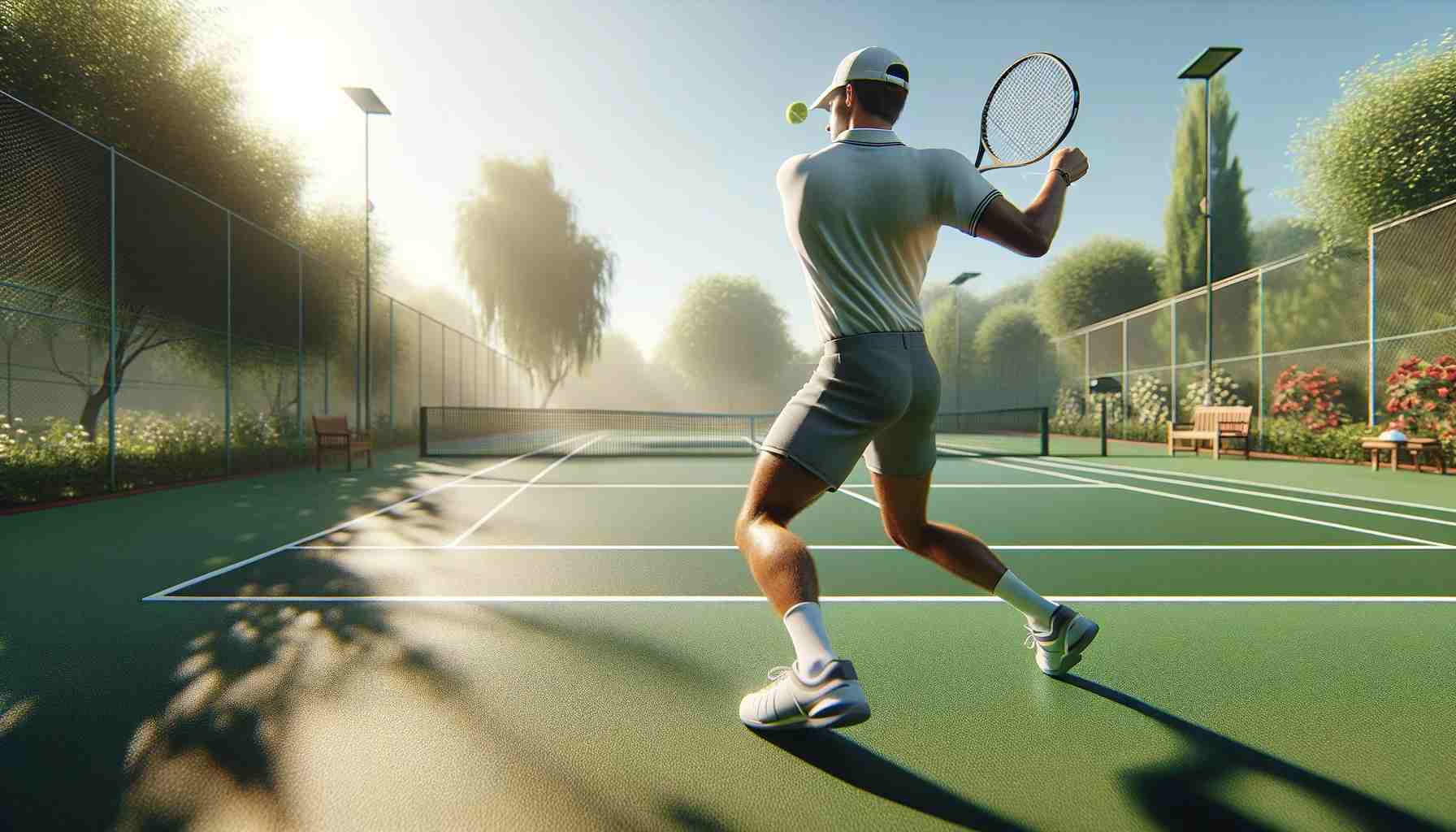 Realisztikus jelenet egy személyről, aki teniszezik egy szabadtéri pályán. A pályát buja zöld környezet veszi körül, néhány fával és bokorral. A