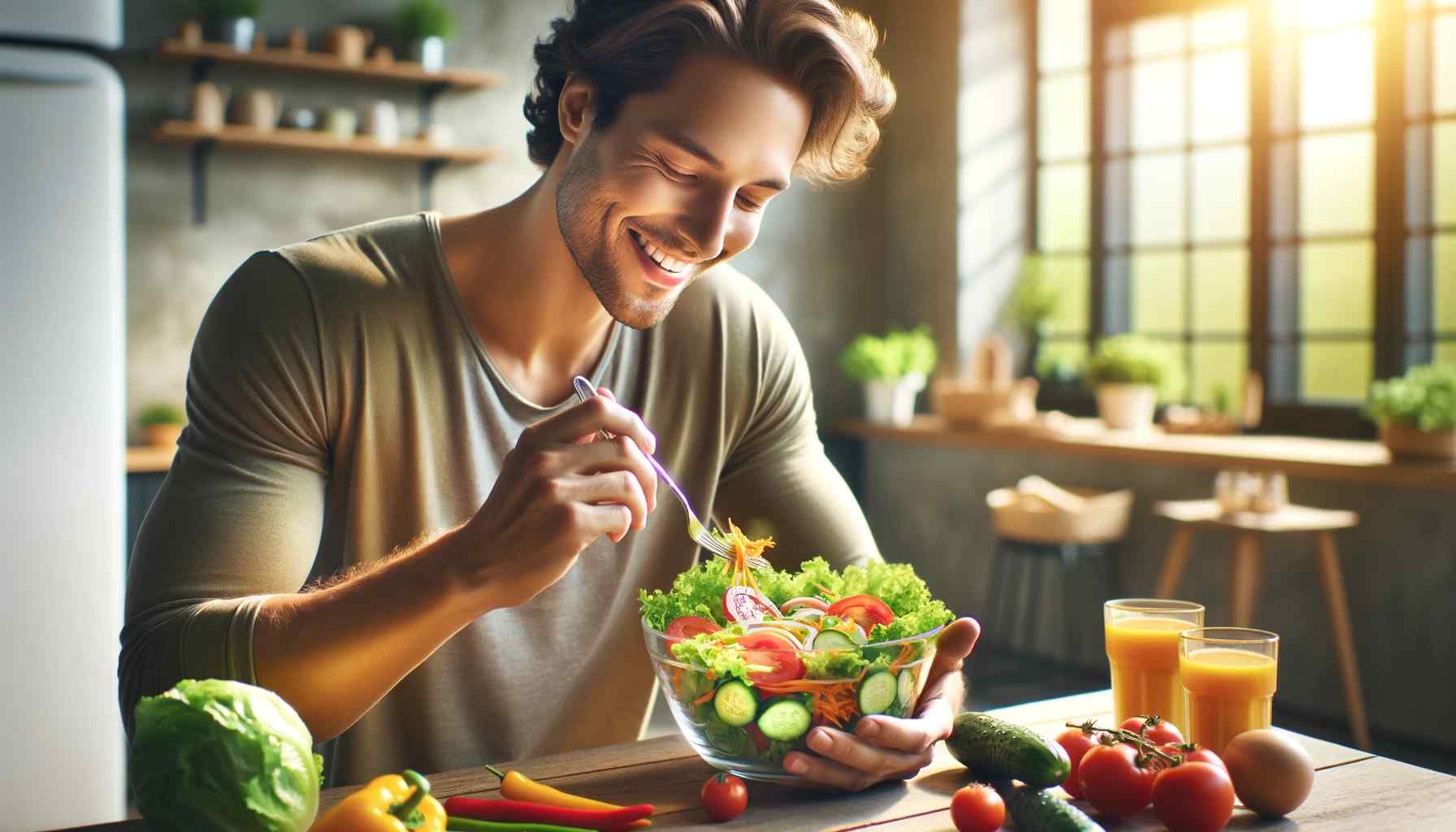 Realisztikus stílusú kép, amely egy egészséges salátát fogyasztó személyt ábrázol. A hangsúlyt az egyénre kell helyezni, aki élénk, színes salátát fogyaszt.