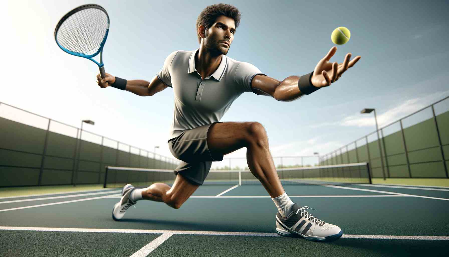 Valósághű kép egyetlen teniszjátékosról készült közeli felvétel a szabadban, szélesvásznú képarányban. A képnek meg kell örökítenie a játékost