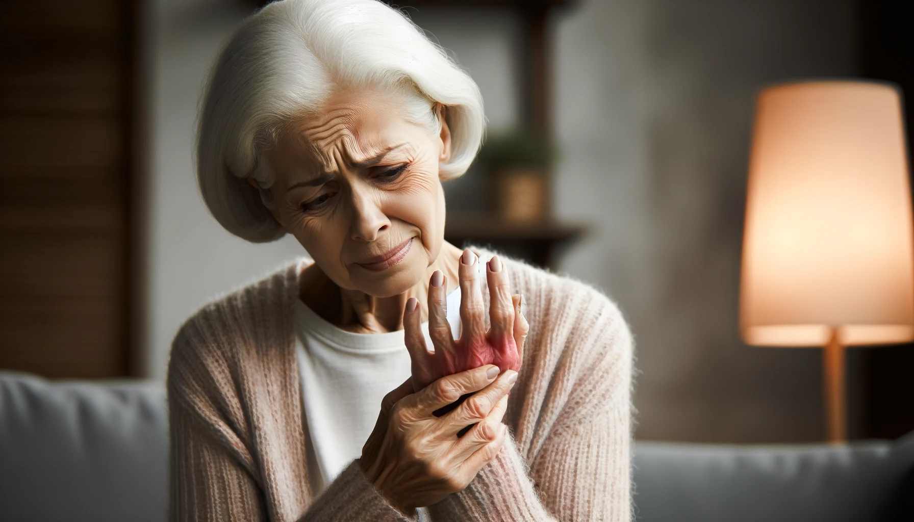 egy idős nő képe, aki fájdalmasan szorítja a kezét, megörökítve a kellemetlen pillanatot. A jelenetet úgy kell megkomponálni, hogy az e