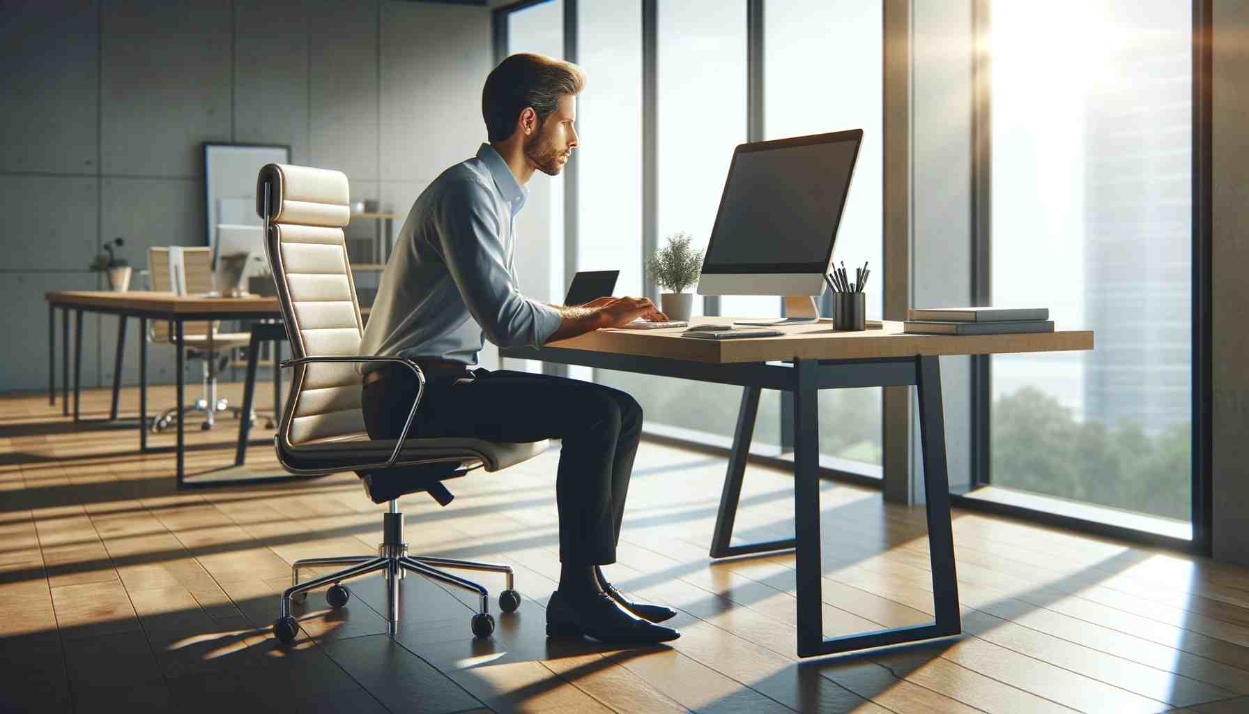 egy jól megvilágított irodában ülő, számítógépen gépelő személy valósághű képe. Az iroda modern és tágas, természetes fényáradattal.
