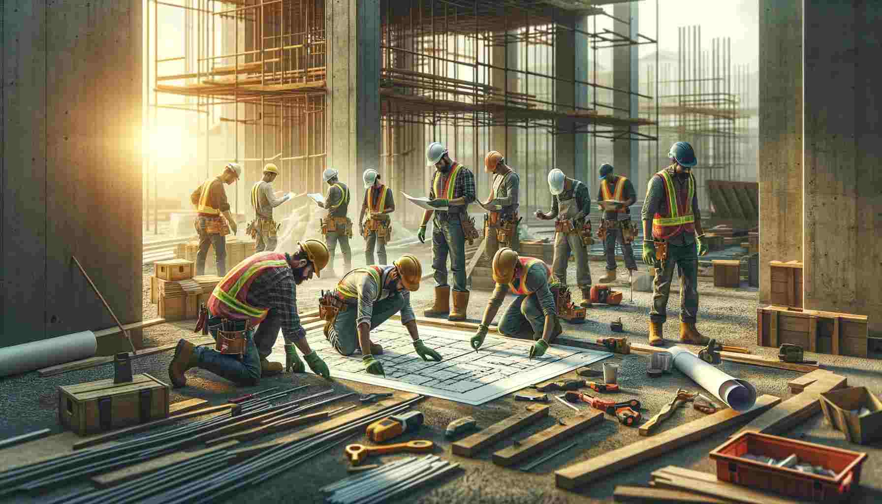 egy kép, amely egy építkezésen dolgozó, fizikai munkát végző személyek kisebb csoportját ábrázolja. Ennek a jelenetnek a középpontjában néhány w