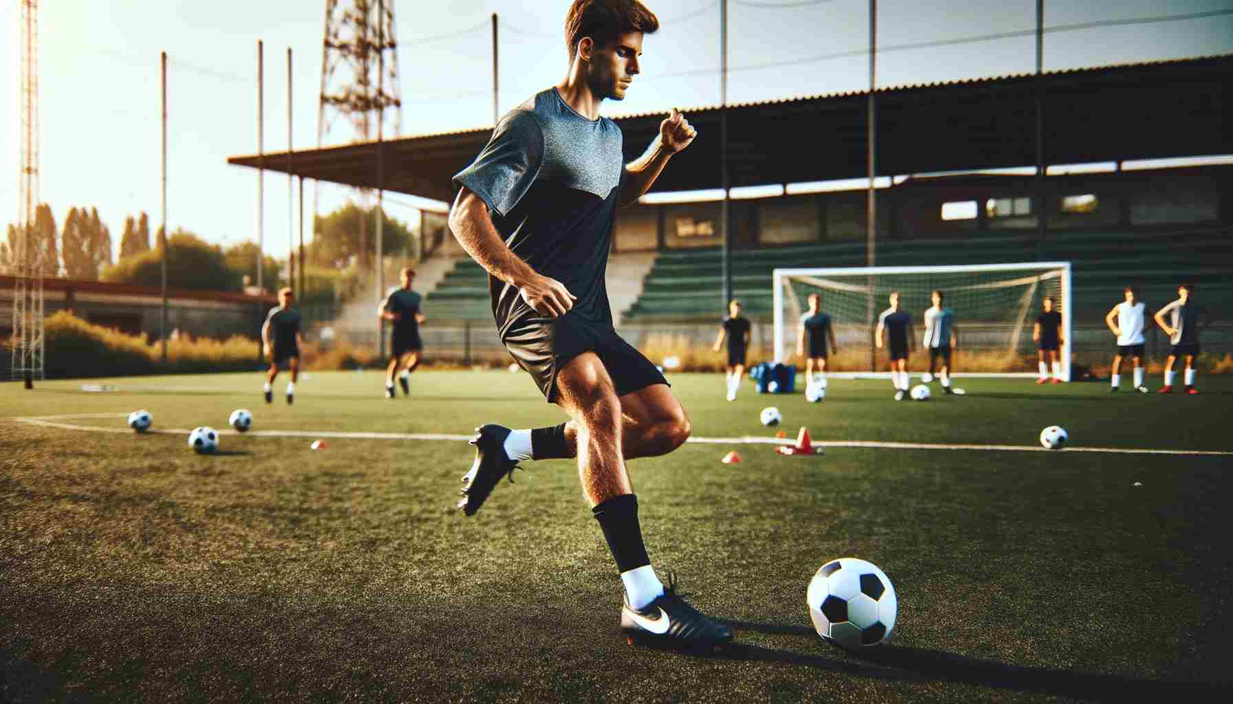egy kép egy sportolóról, aki egy futball edzésen gyakorol. A jelenetnek meg kell ragadnia a sportoló dinamikus mozgását, bemutatva a