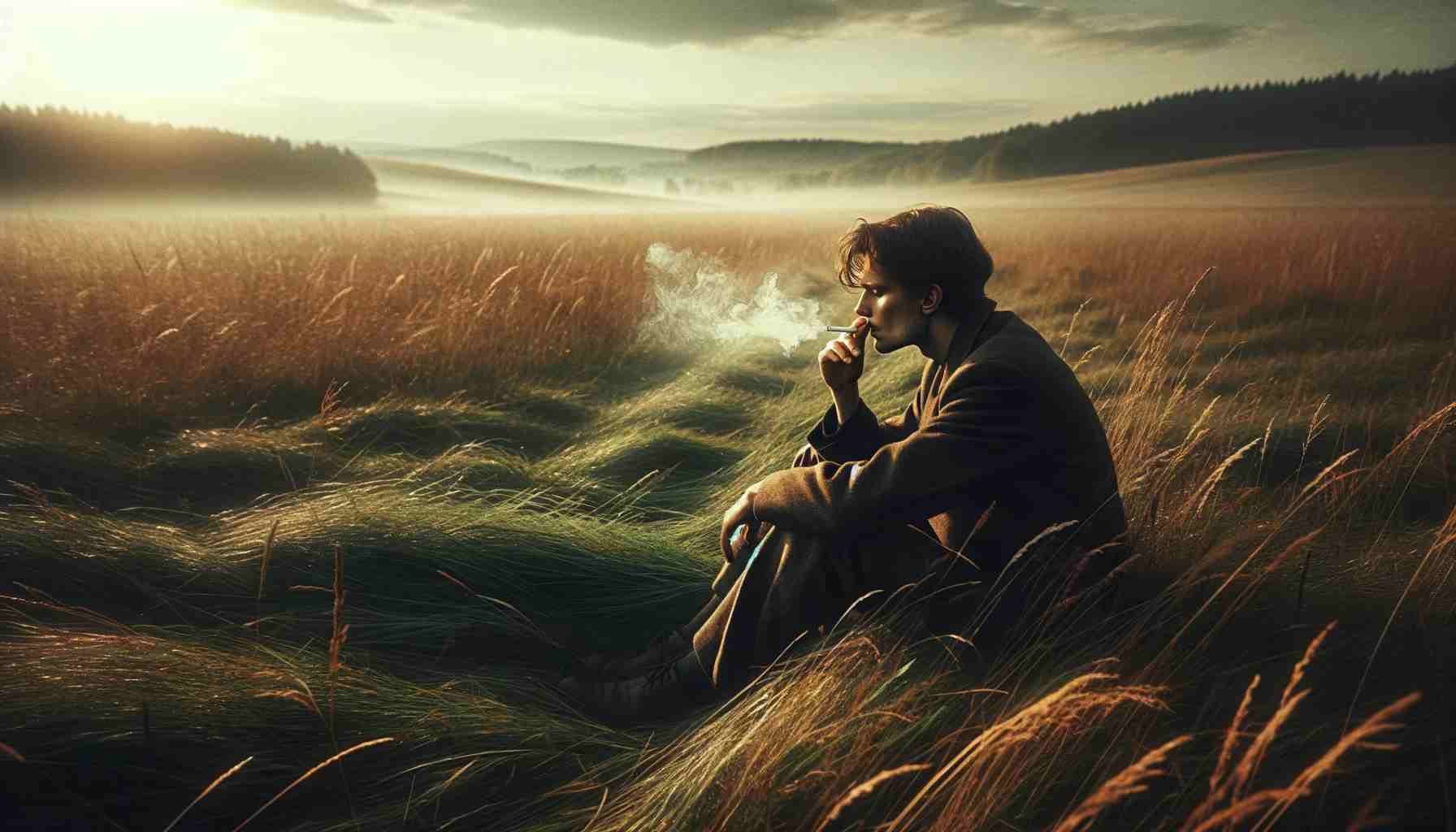 egy realisztikus, szélesvásznú kép egy személyről, aki egyedül cigarettázik egy nyílt mezőn. A jelenetnek meg kell örökítenie az egyént egy szemlélődő