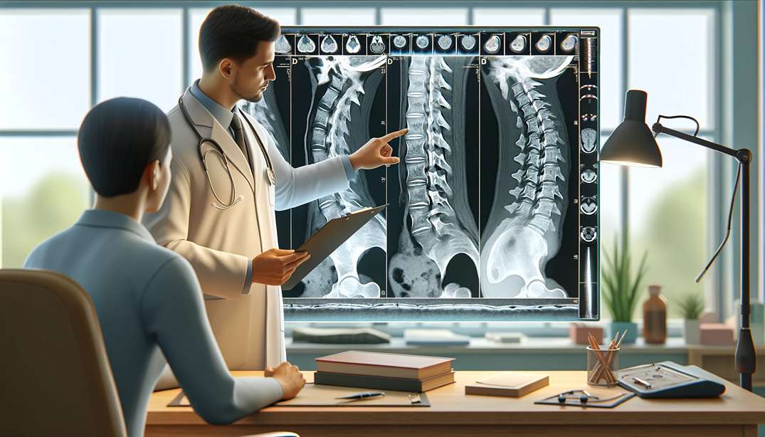 Orvos és páciense vizsgálnak röntgen képeket egy gerincről