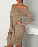 Off Shoulder Long Sleeve Knotted Bodycon Dress
