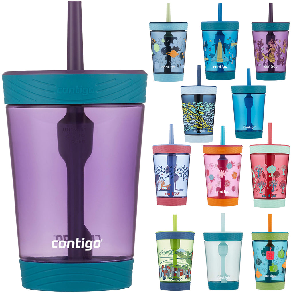  Contigo Leighton Kids Plastic Water Bottle, Spill-Proof Tumbler  with Straw for Kids, Dishwasher Safe, 14oz 2-Pack, Lime/Dogs &  Juniper/Space : Baby