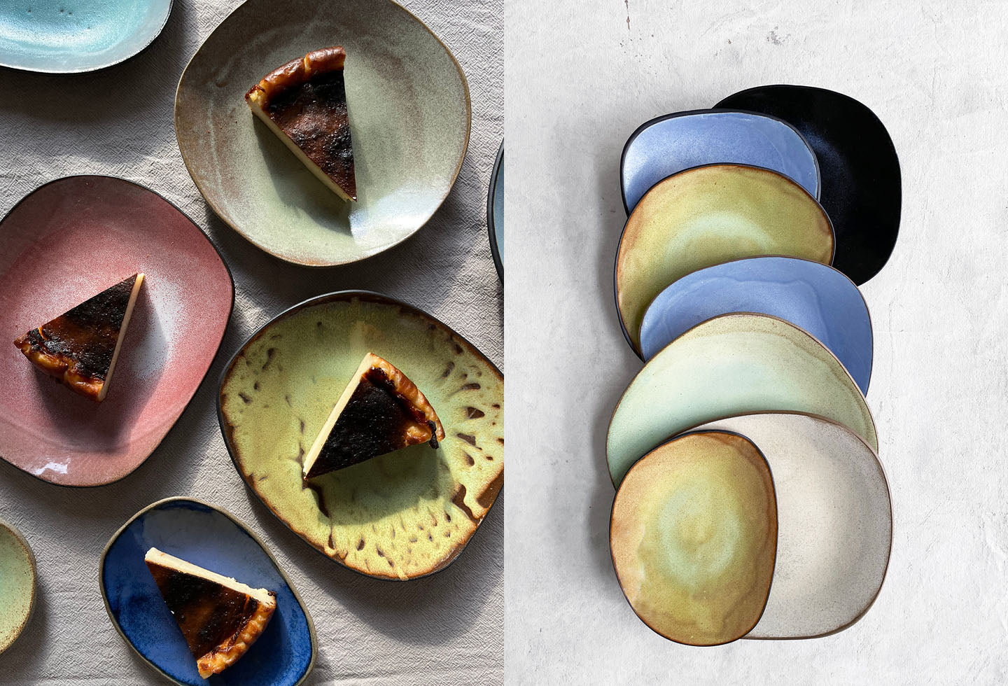 Colourful Hana Karim Studio ceramic handmade plates flat-lay with slices of cake and plates arrange in a colourful composition.