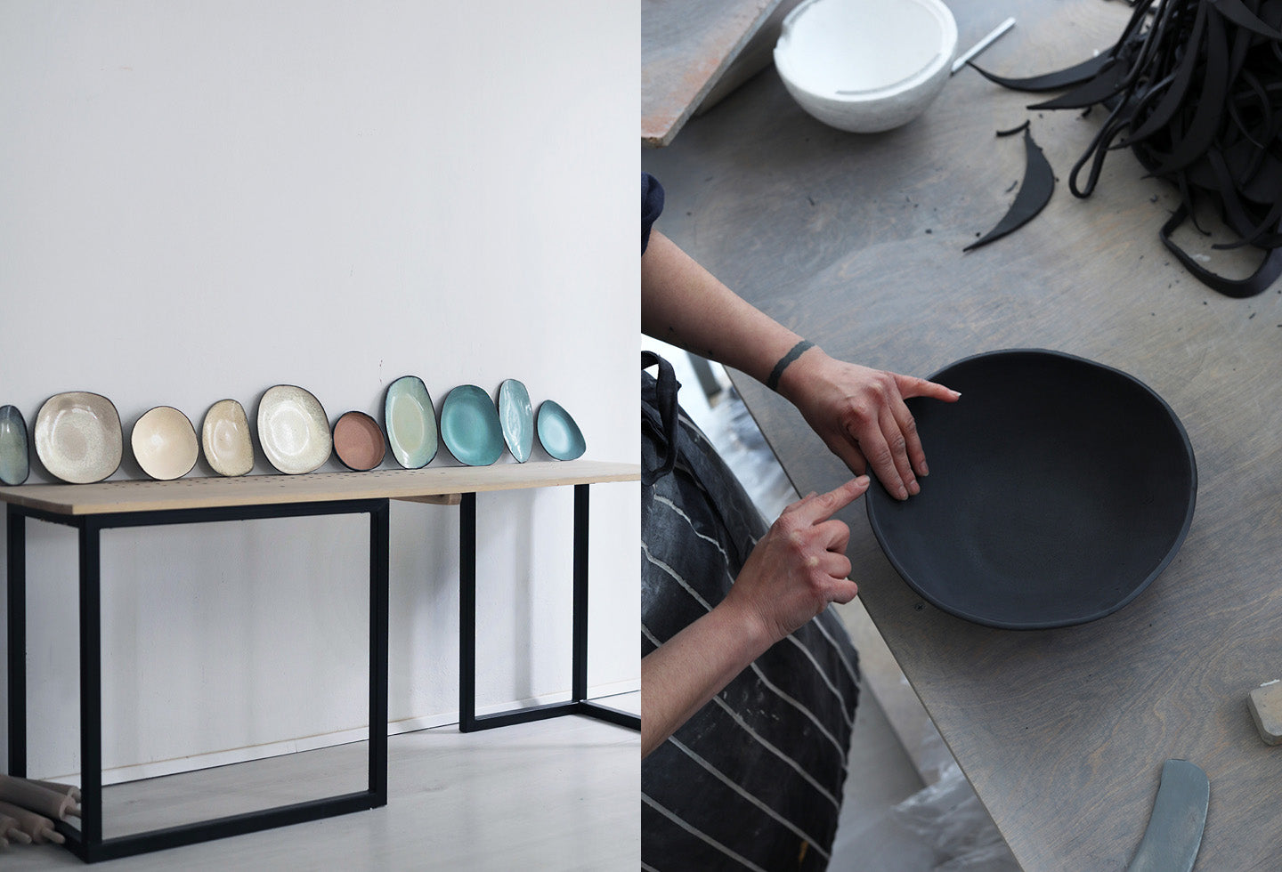 Gallery style display of Hana Karim plates on a minimalist table again a white wall (left) and Hana Karim shaping clay in her studio (right)