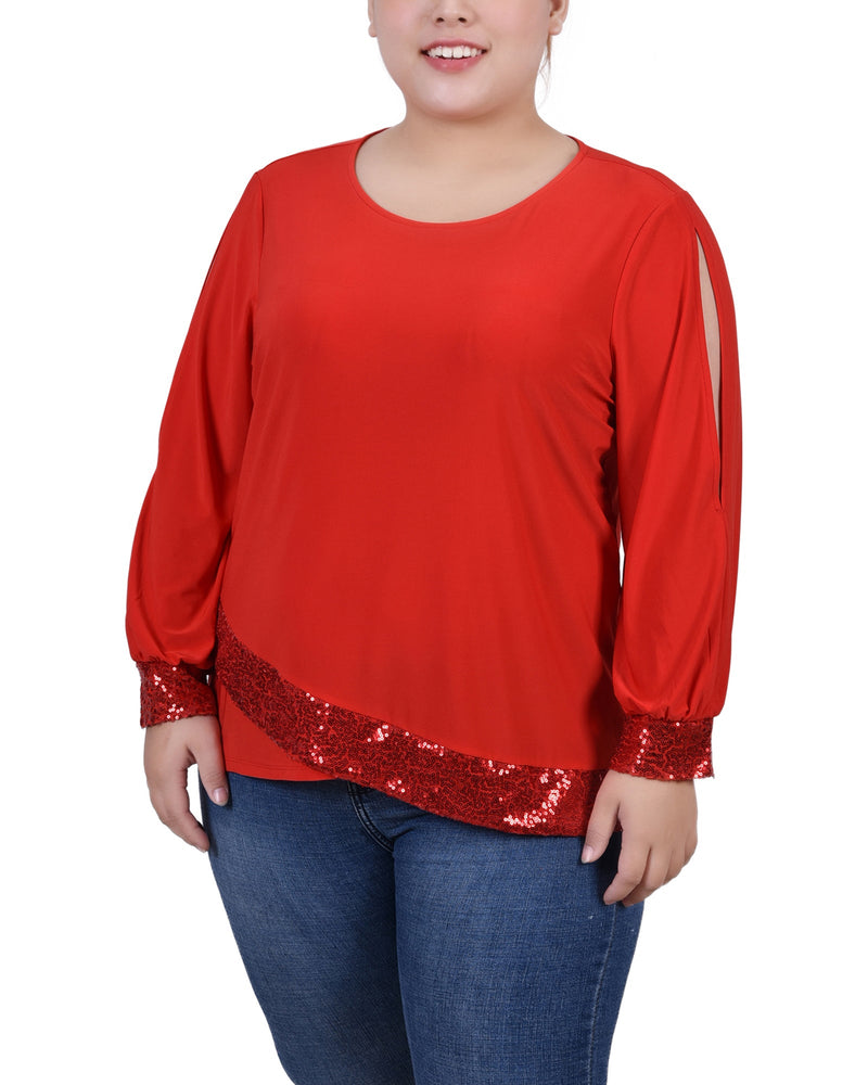 Plus Size Long Sleeve Knit Top With Sequin Hem
