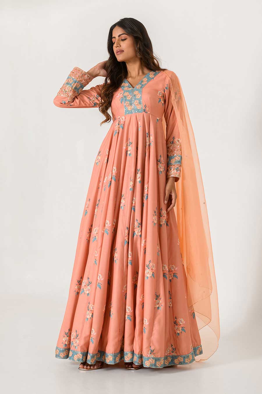 Embellished Orange Blouse with Chiffon Ruffle Saree – Pasha India