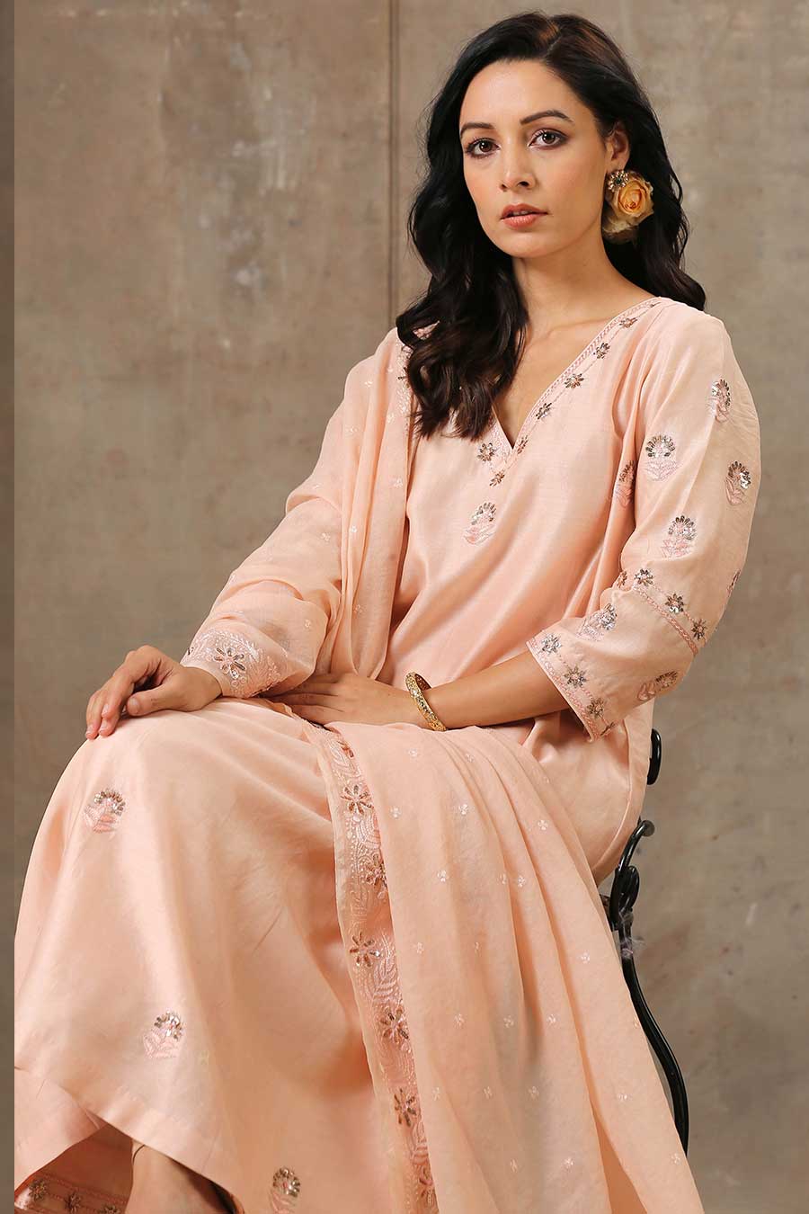 Chanderi Silk Peach Churidar Pant Dupatta Set for Women, Hand Wash at Rs  445/piece in Bengaluru