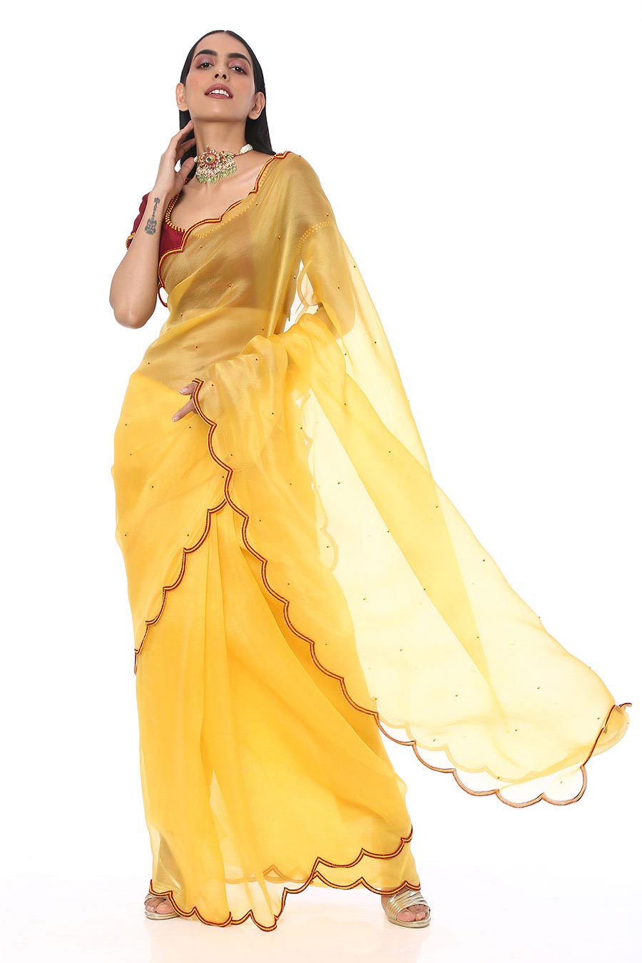 Grey Saree With Yellow Printed Blouse – Label Nitika