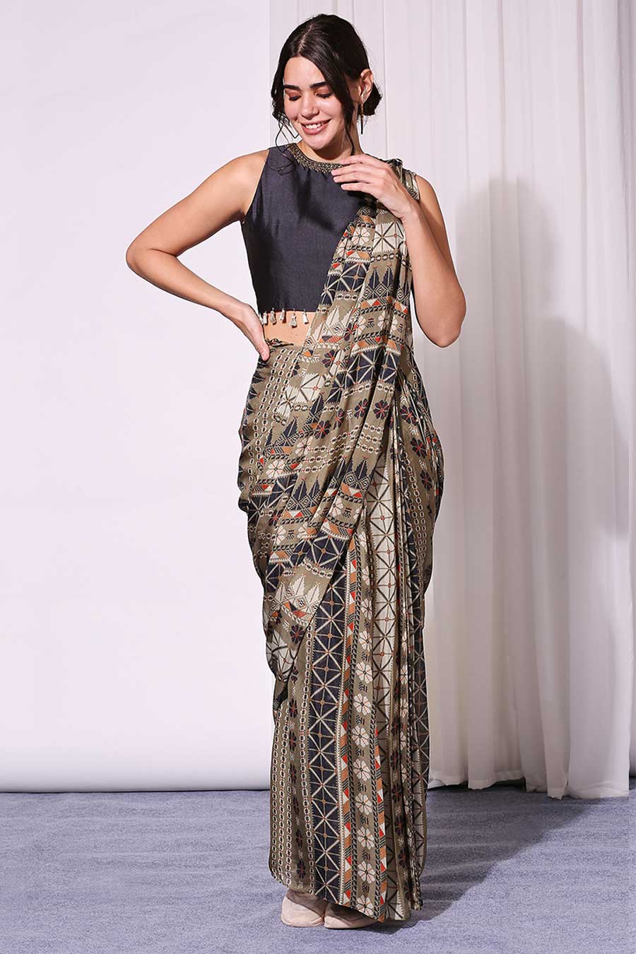 Navy Blue Drape Saree Skirt & Blouse Set