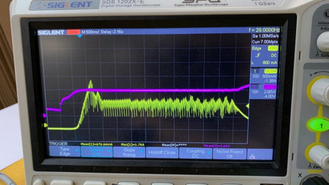 Ein Beispiel für den Einschaltstrom ist auf dem Oszilloskop unten zu sehen. Das Lila ist die Gate-Spannung und das gelbe Diagramm ist der Strom. Dies ist einer der ersten Tests, die gezeigt haben, dass das Prinzip funktioniert.