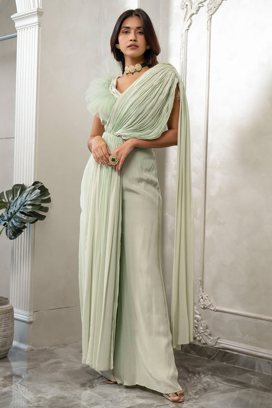 MINT GREEN PRE DRAPED CAPE EMBELLISHED SAREE – Swish By Dolcy & Simran