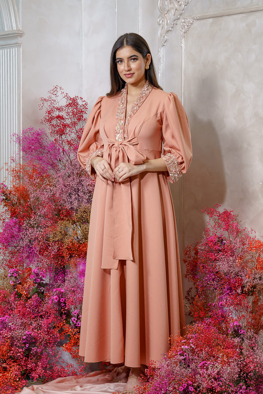 Buy Label Swish Beige Cotton Front Tie Up Balloon Sleeve Maxi