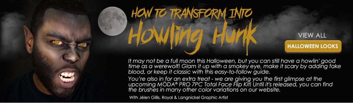 Use the MŌDA® PRO 7PC Total Face Flip Kit to transform into a howling hunk this Halloween!