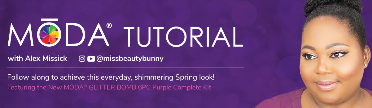 Follow along to achieve this everyday, shimmering Spring look! Featuring the New MŌDA® GLITTER BOMB 6PC Purple Complete Kit!