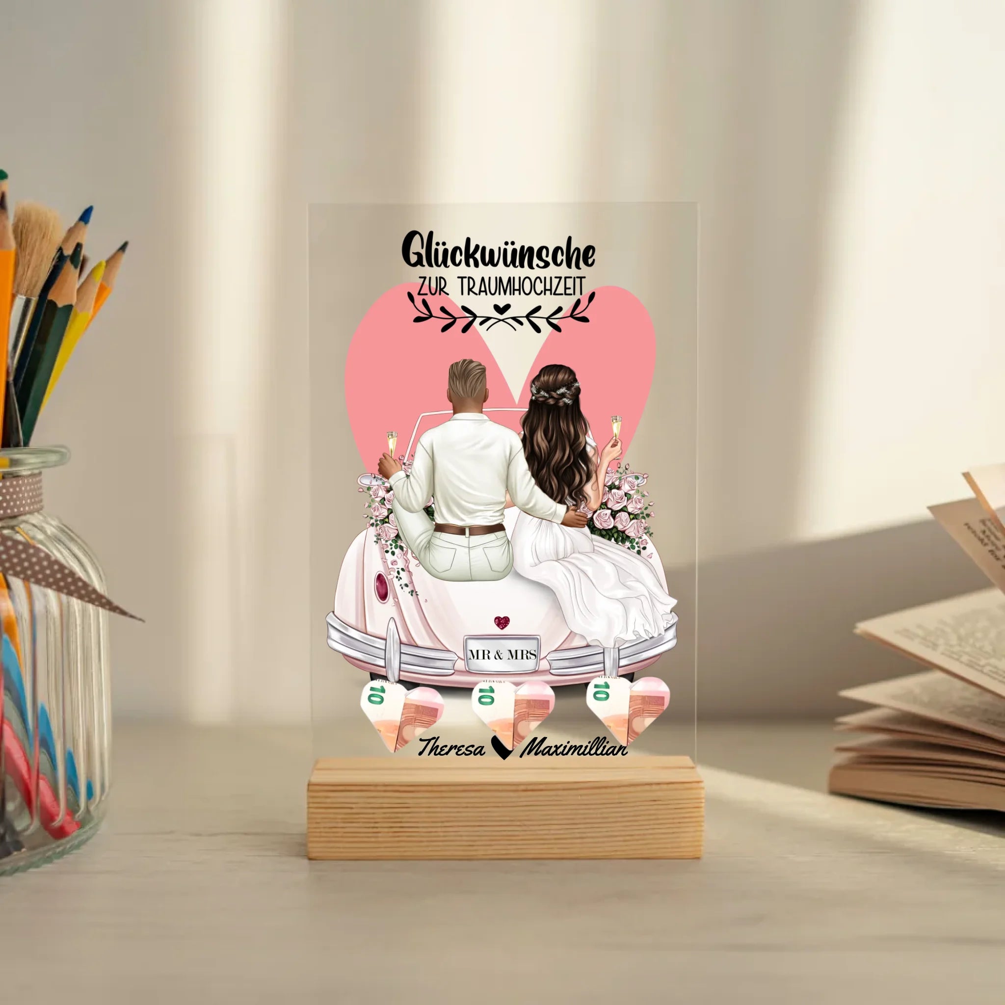 Personalsierbarer Tischaufsteller als Geldgeschenk zur Hochzeit mit Hochzeitspaar und Namen & Datum, Gastgeschenk aus Acryl