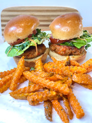 Salmon Burgers and Sweet Potato Stick Fries