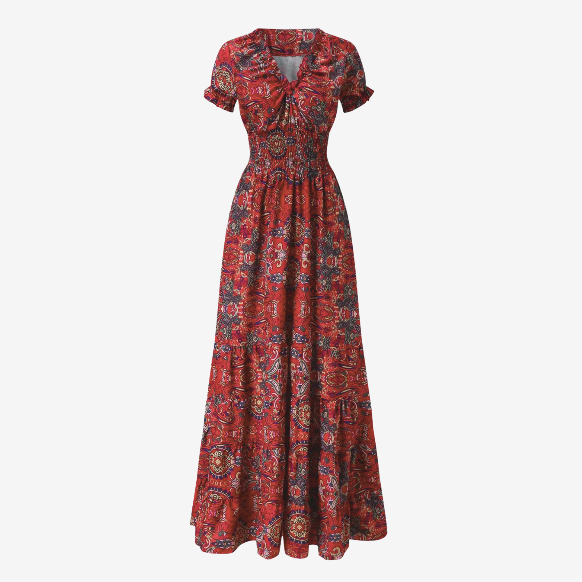 The Gypsy Nest Bohemian Wine Red Paisley Print Tiered Casual Summer Maxi Dress
