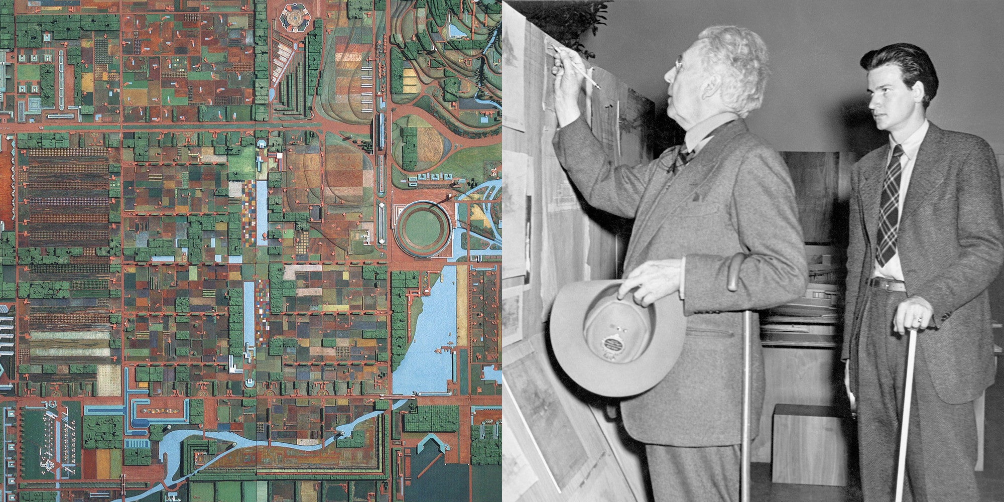 Wright inspecting Broadacre City model, January 1, 1935.
