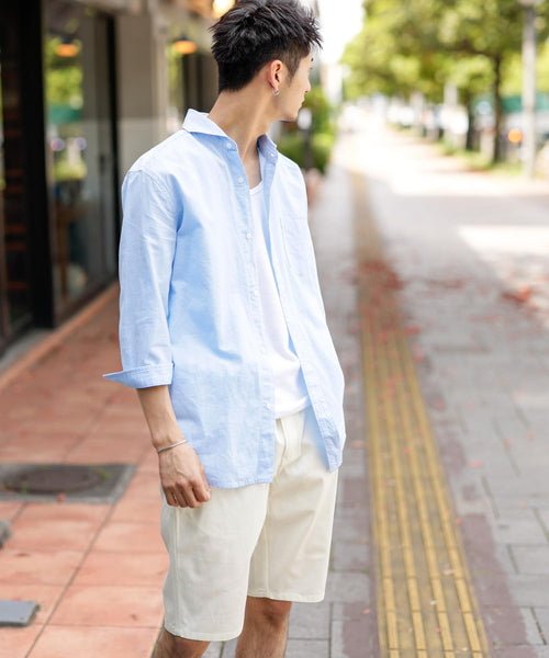 麻コットン ／ ホリゾンタルカラー 7分袖 カラーシャツ