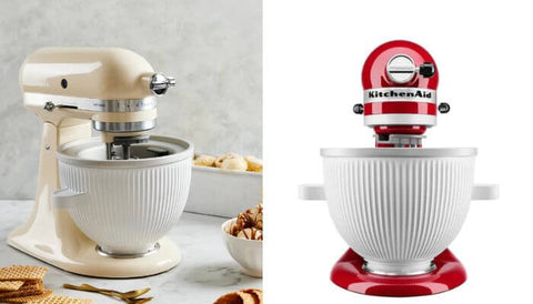 KitchenAid stand mixer with ice cream bowl maker attached. Left image an Almond Cream coloured machine in use with filled ice cream cones surround it, the right image is a head-on clearcut image of an Empire Red machine with the ice cream bowl attached.