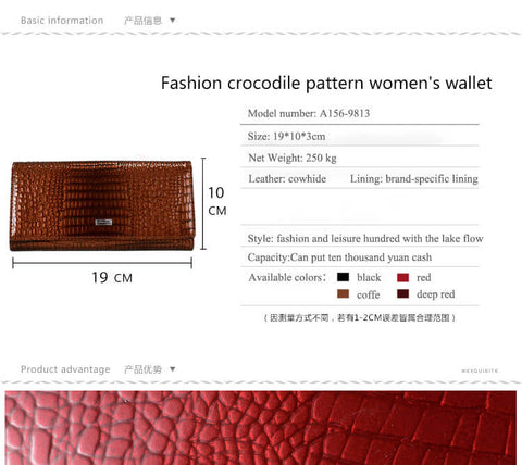 Crocodile Bifold Women Long Cowhide Leather Wallet Manufacturer