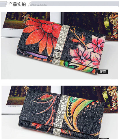 Flower Print Bifold Long Cowhide Leather Wallet