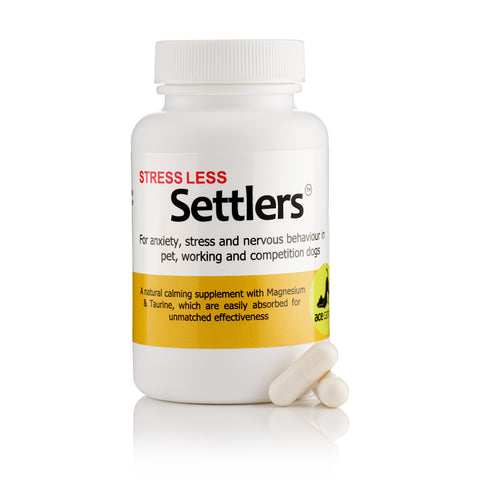 white pot screw top lid, yellow label with black writing describing Settlers capsules