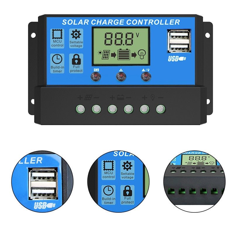 10A 20A 30A PWM Solar Charge Controller 12V/24V 50A 60A Solar Regulator USB 5V Panel Battery Regulator Intelligent LCD Display