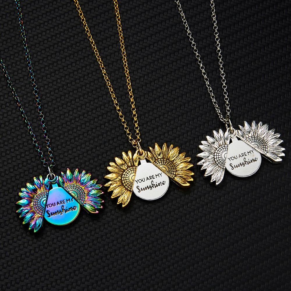 Sunflower Woman Necklace You are my sunshine Open Locket Double-layer  Engraved Letter Pendant Necklace Jewelry