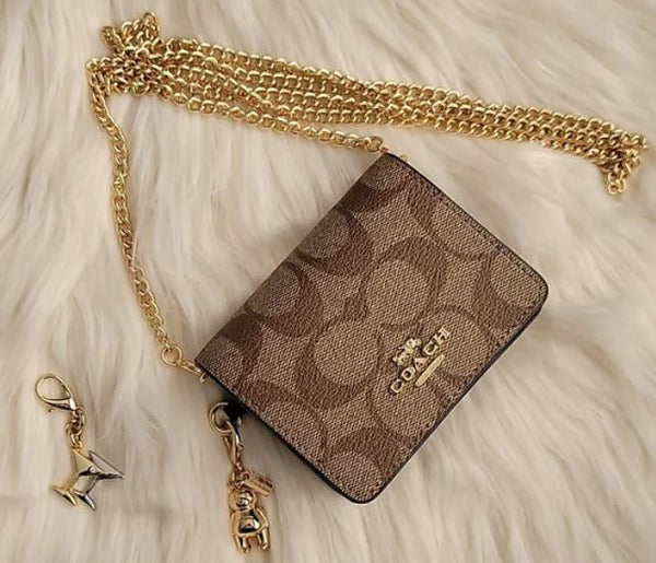 NWT COACH BOXED MINI WALLET ON A CHAIN IN BLOCKED SIGNATURE CANVAS COACH  C7355