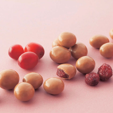 Image shows chocolate-coated cranberries with pink background.